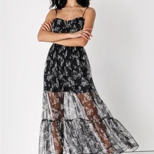 Black Floral Print Tulle Bustier Maxi Dress